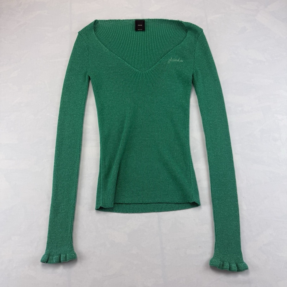 Pinko Italy Green Metallic Rib Knit V-Neck Sweater Women's XS/S